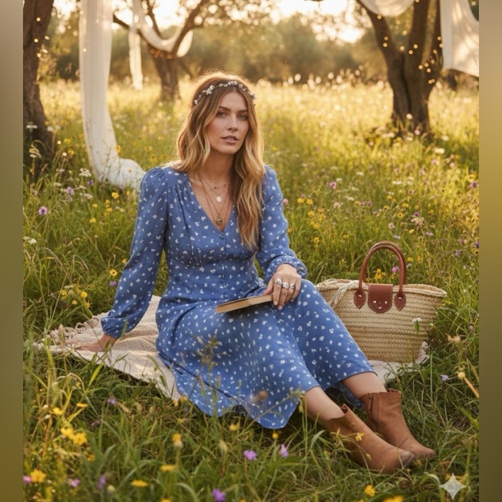 Levi's Sarina Long-sleeve Midi Dress in blue. Size small bohemian dress